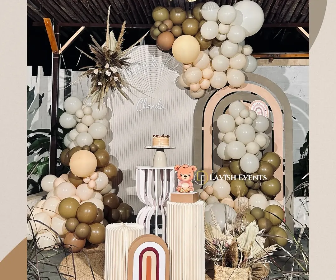 For a softer, trendy vibe, my boho teddy bear setups are a huge hit. I use a palette of earthy browns, creams, and greens with natural elements like pampas grass to create a warm and stylish party atmosphere.