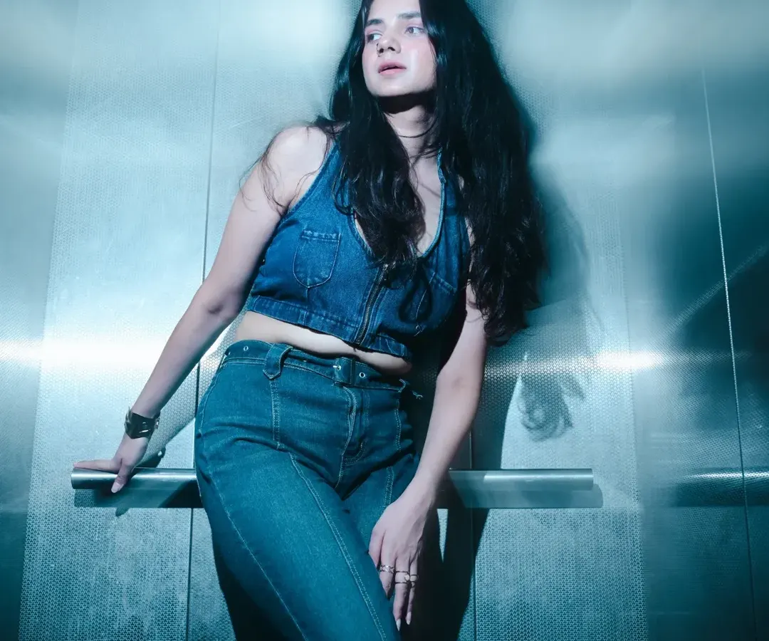 Who says you need a fancy studio? I styled this entire edgy denim-on-denim look for a shoot in a simple elevator. I love finding beauty in unexpected places and creating a moody, high-fashion aesthetic that makes a statement.