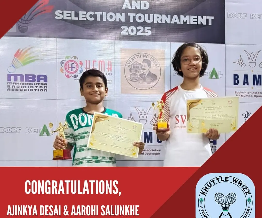 We build champions. A huge congratulations to our young talents, Ajinkya Desai and Aarohi Salunkhe, on their incredible wins at the Mumbai Suburban District Badminton Championship.