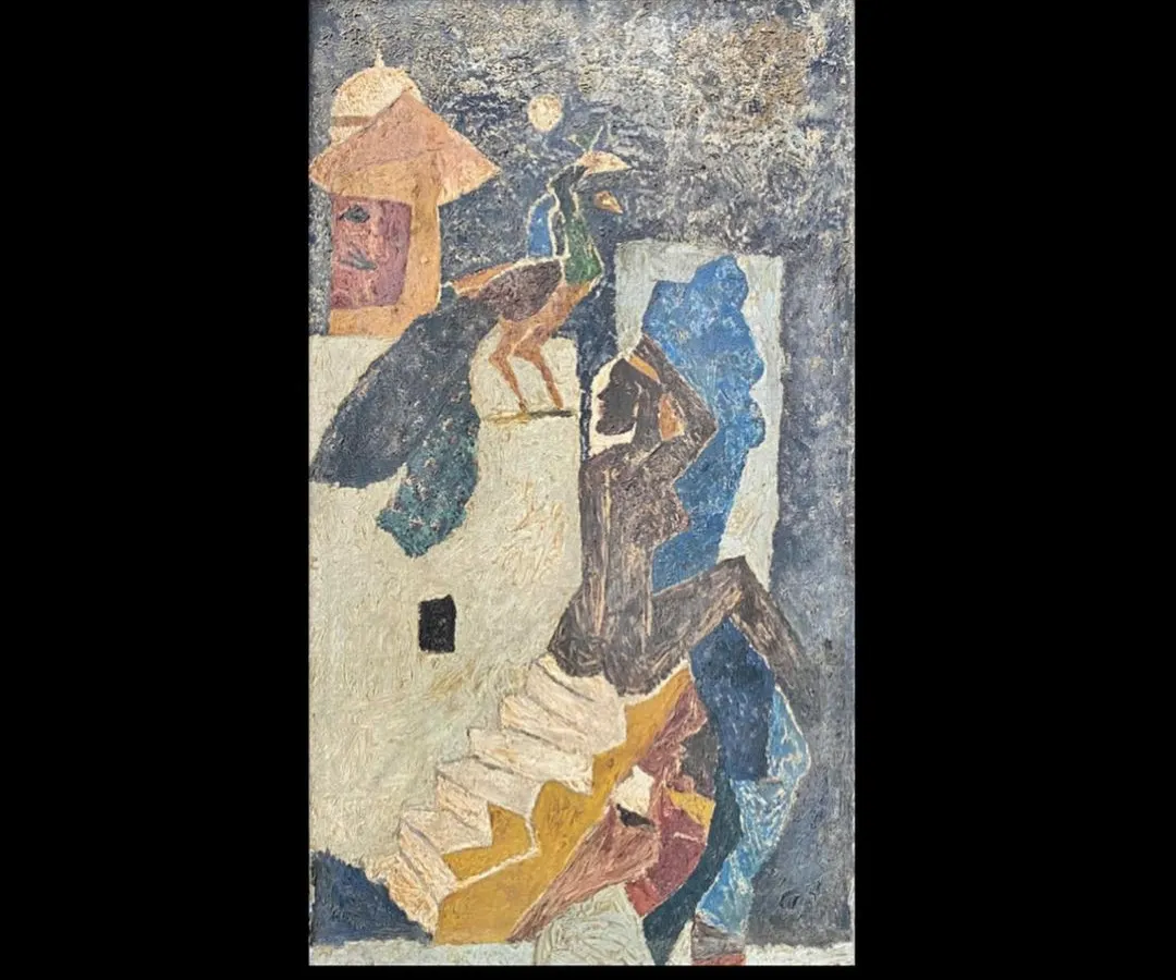 This is a unique oil on canvas from M. F. Husain's celebrated Rajasthan Series, created in the 1960s. The master artist uses thick impasto to build texture, depicting two peacocks in a rustic village scene, capturing the raw, folk energy he was known for. It is a powerful example of Modern Indian Art from one of its most important figures.
