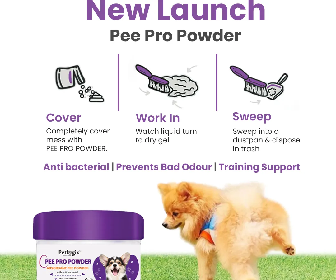 Accidents happen, and my Pee Pro Powder is the perfect solution. This graphic shows how simple it is: just cover the mess, let the powder turn the liquid into a dry gel, and sweep it up. It's antibacterial and neutralizes bad odours, making cleanup quick and hygienic.