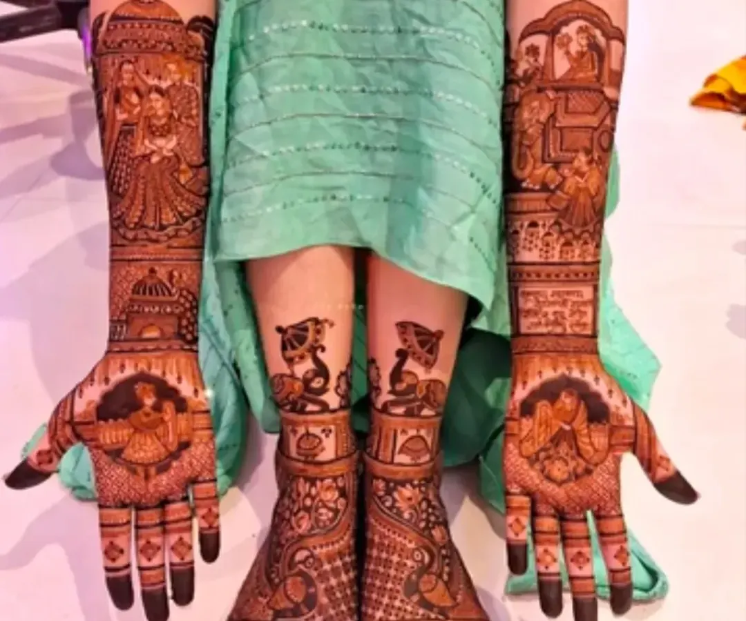 A complete bridal mehandi look, with matching designs for both hands and feet. I create cohesive art that flows from your arms to your legs, featuring portraits and traditional wedding motifs.