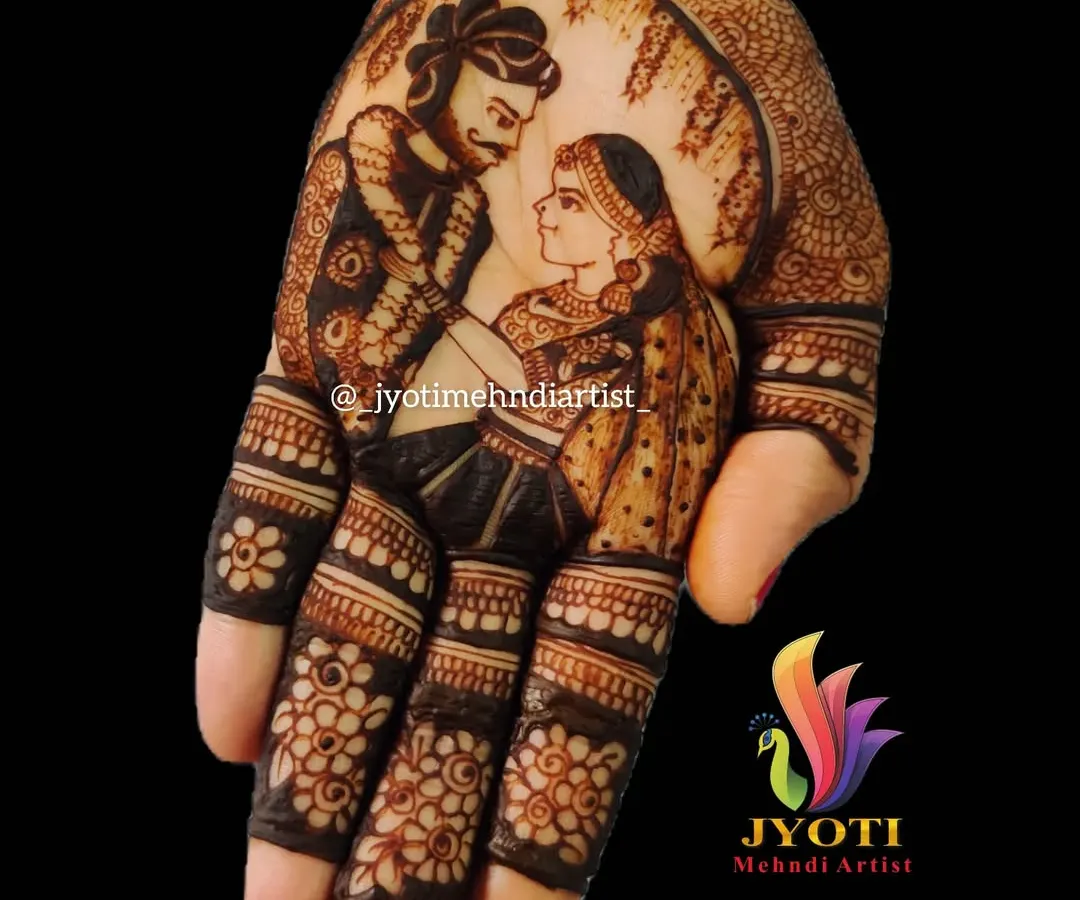 Your story, told through henna. This custom portrait captures the beautiful varmala ceremony, one of the most special moments of a wedding, right on the bride's palm. I specialize in creating these detailed narrative designs.