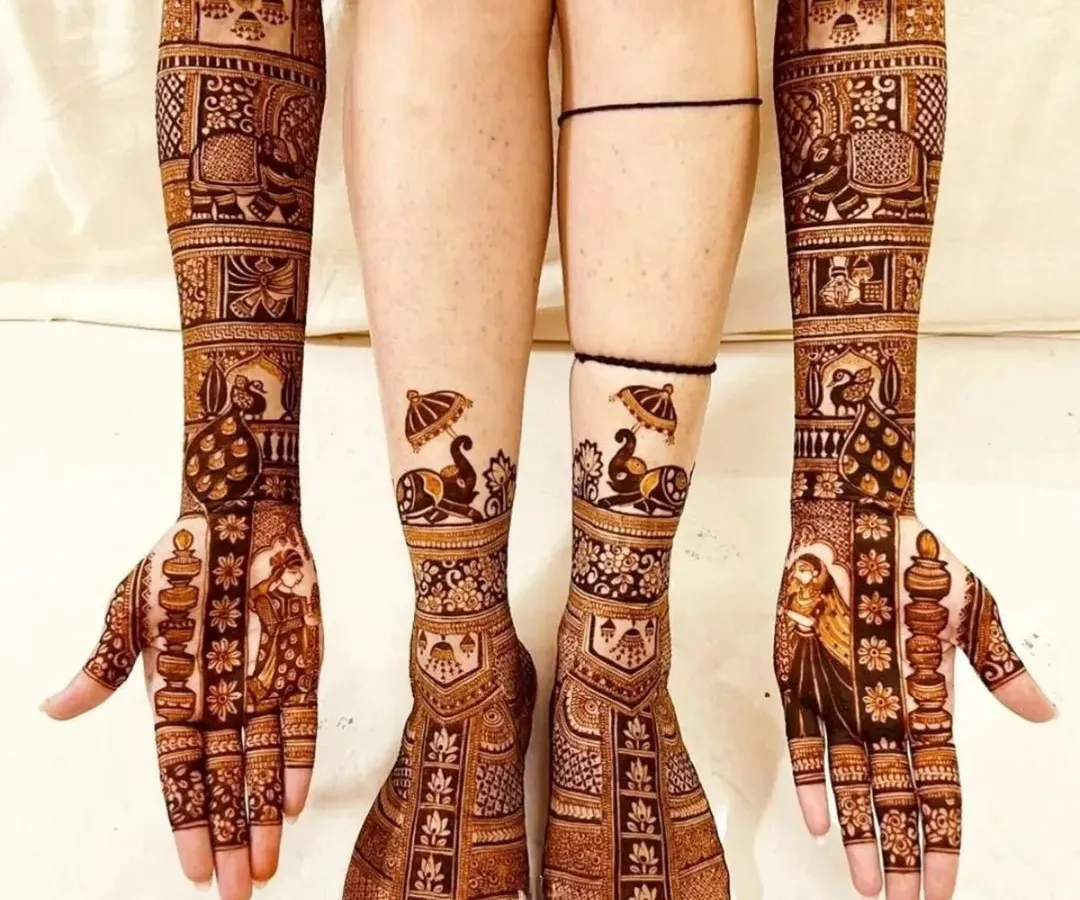 A complete bridal look is essential. I design matching patterns for both hands and feet, ensuring your mehndi is perfect from every angle. This full bridal henna set features traditional motifs with a clean, symmetrical finish.