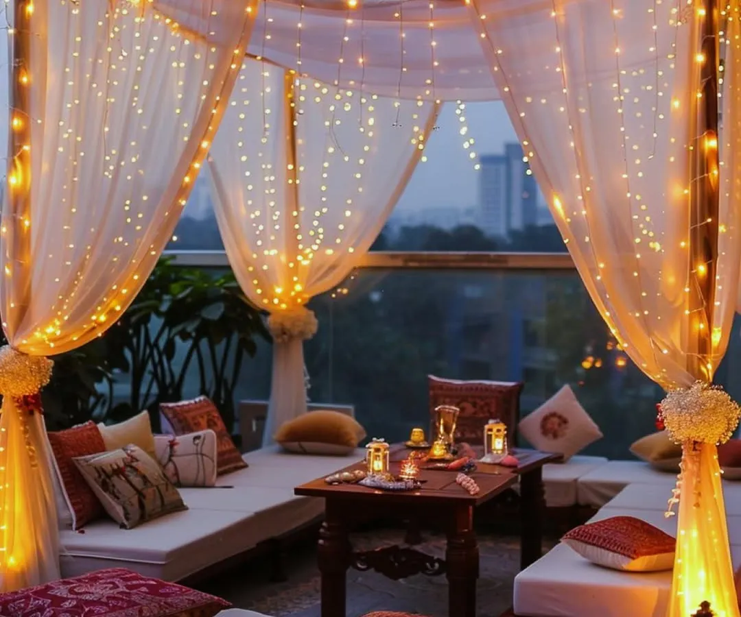 For this Sagan evening, I created a cozy and magical cabana draped in sheer fabric and wrapped in fairy lights. The low seating with traditional cushions offers an intimate setting against the city skyline, perfect for pre-wedding celebrations.