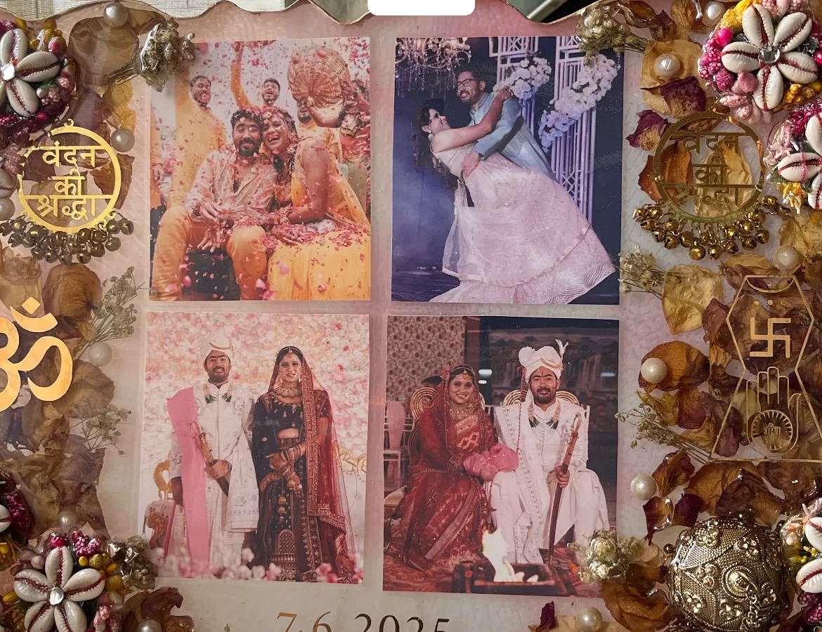 This intricate varmala preservation frame was a special project celebrating a Jain and Bihari union. I incorporated traditional symbols, wedding photos, and flowers from their ceremony to create a piece that beautifully blends their two cultures into one story.