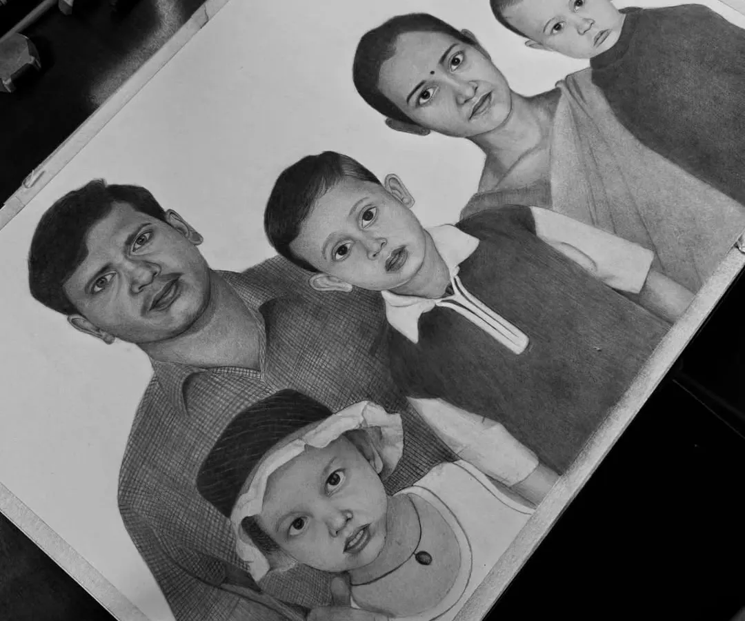 A finished A3 size family portrait, capturing three generations in one frame. It’s an honor to turn a cherished family photograph into a hand-drawn piece of art that will be treasured for years.