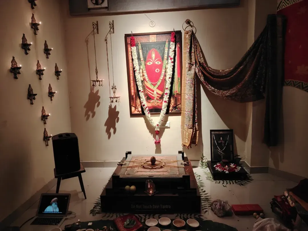 Our space prepared for a Devi Purnima Abhishekam during the auspicious time of Guru Purnima. The altar is adorned with offerings, and the air is thick with devotion, ready to receive the grace of the Divine Feminine.