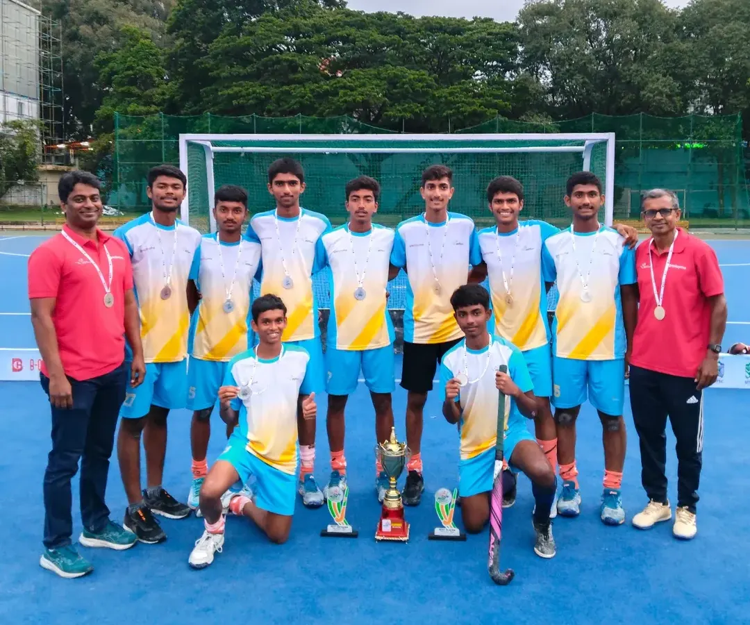 Champions in the making. Our Sub-Junior Boys team proudly displaying their silver medals and trophies after a hard-fought battle at the All India Masters & Sub-Junior Hockey Championship in Bangalore.