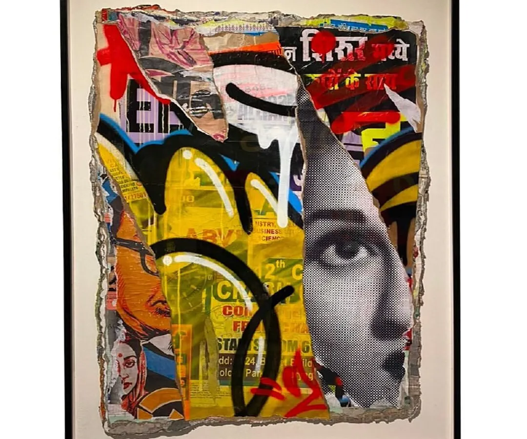 A finished décollage piece, framed and ready for a gallery or a private collection. I layer found street posters with my own graffiti and imagery, creating a textured canvas that brings the city wall indoors.