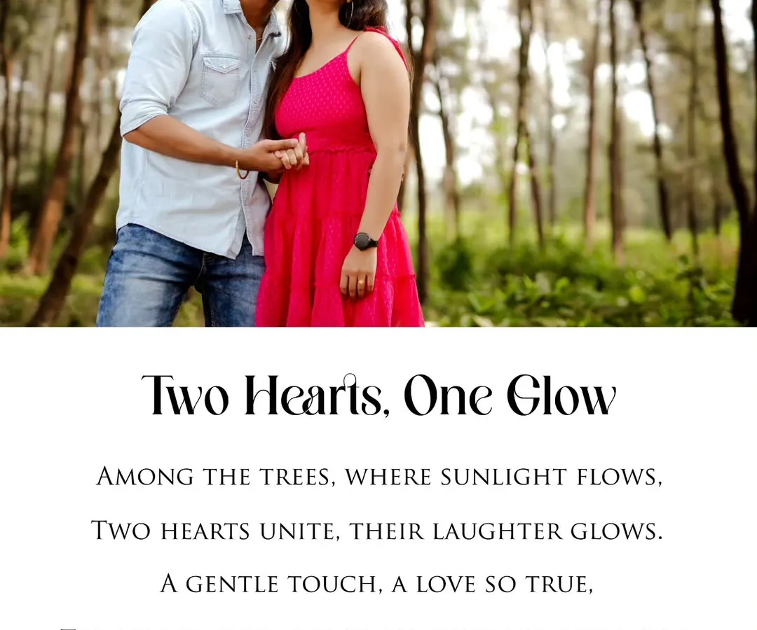 A quiet moment of joy between two hearts, set against a lush forest backdrop. This pre-wedding photograph, titled "Two Hearts, One Glow," is all about capturing the pure, unfiltered love that shines brightest when you are together.