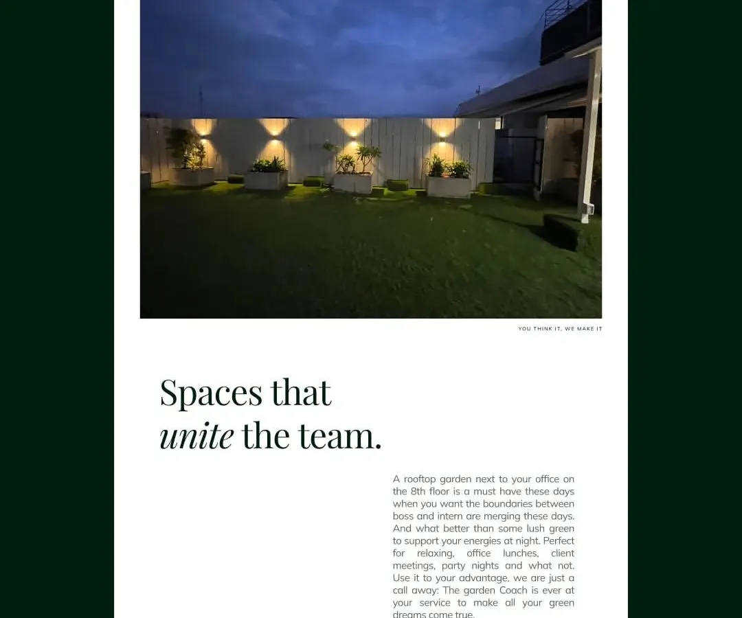 I design spaces that unite teams. This finished office terrace, illuminated at night, serves as a perfect example of an employee wellness area that doubles as an event space. The strategic lighting and low-maintenance greenery create an inviting atmosphere for staff to relax and connect.