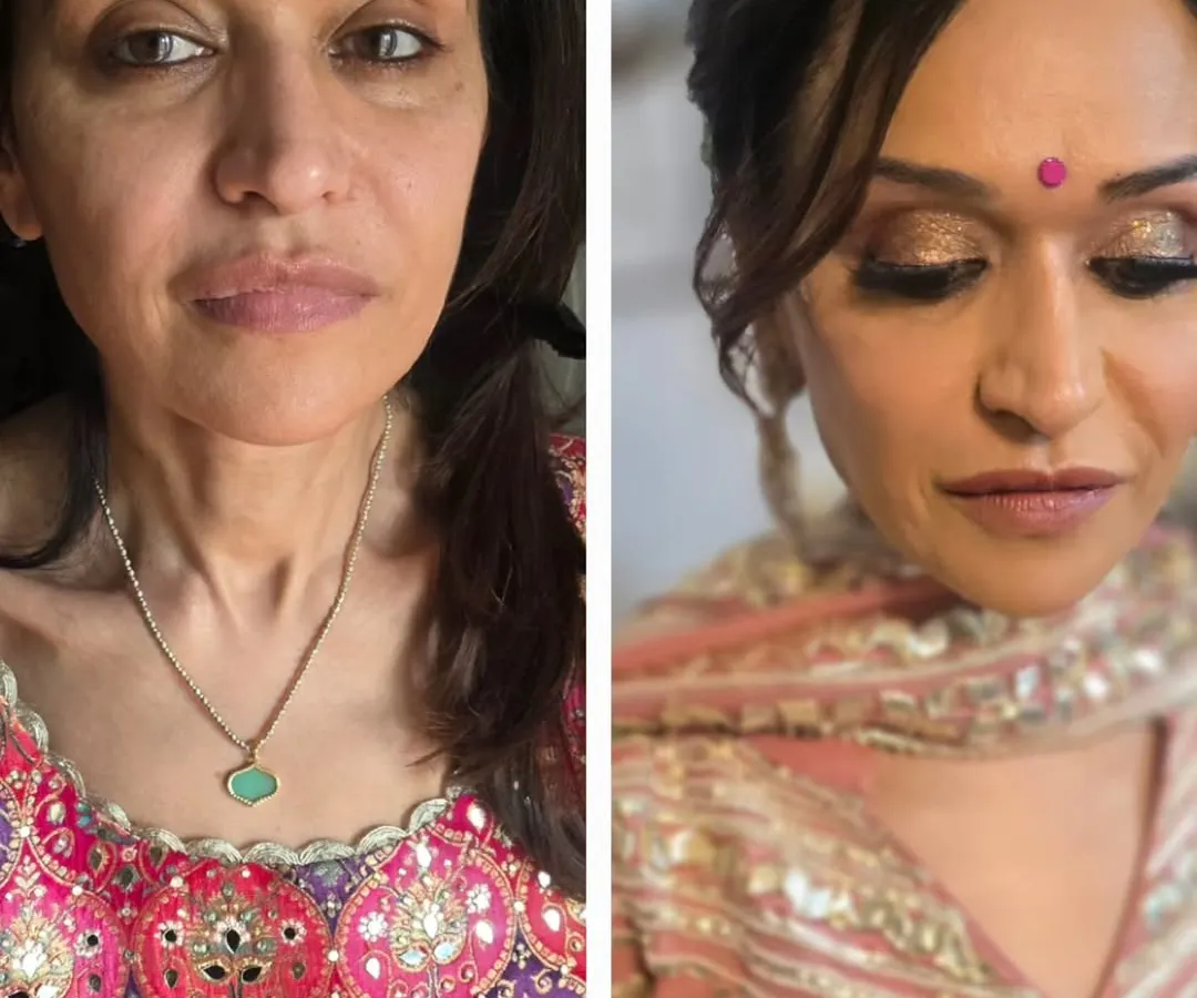 The power of makeup is in enhancing, not hiding. This before and after shows how I even out skin tone, define the eyes with a soft golden shimmer, and create a polished look that still feels completely natural and true to you.