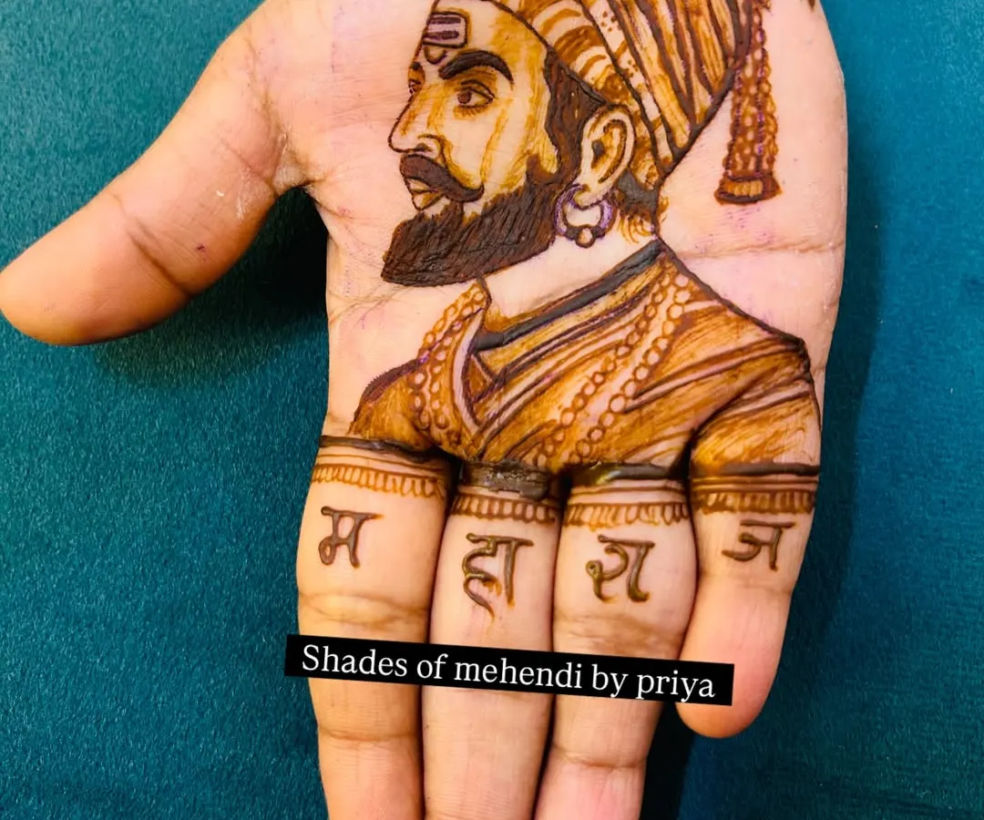A tribute to Chhatrapati Shivaji Maharaj, one of my most requested portrait figures. I use fine lines and shading to bring out the strength and dignity in his expression, right down to the details of the turban. This is a powerful example of historical portrait mehendi.