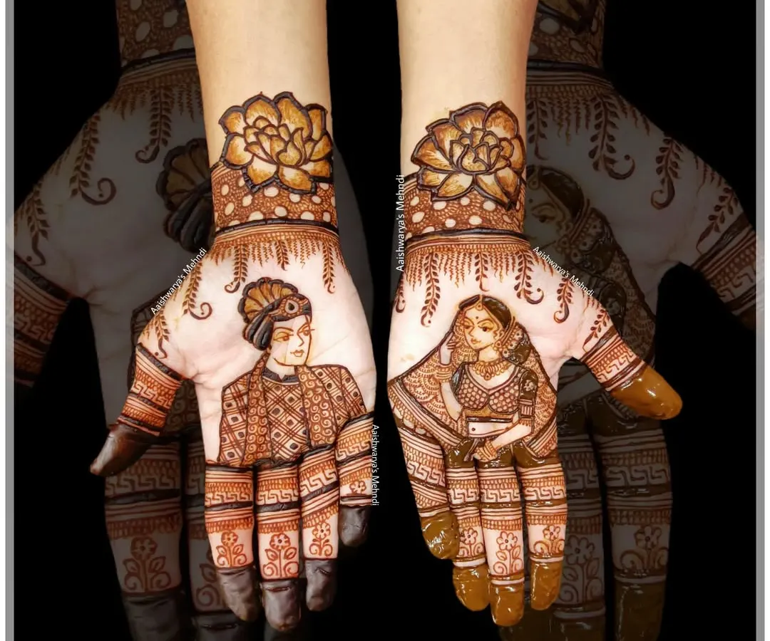Your love story, drawn on your hands. I specialize in creating detailed couple portraits, like this beautiful moment between the bride and groom, making your mehndi a unique reflection of your journey together.