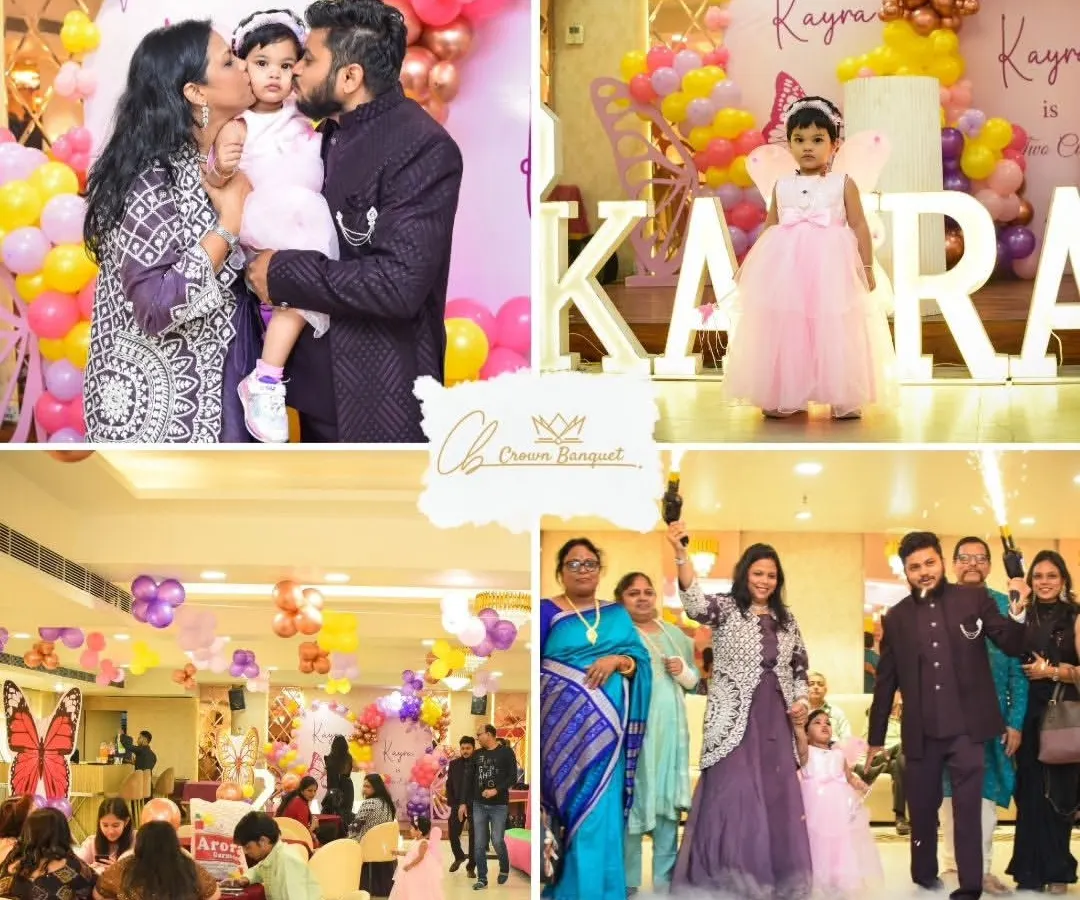 This is what a complete celebration with us looks like. This collage showcases a beautiful butterfly-themed first birthday, featuring the birthday girl in her fairy dress, the grand entrance with sparklers, and happy family moments around the cake.