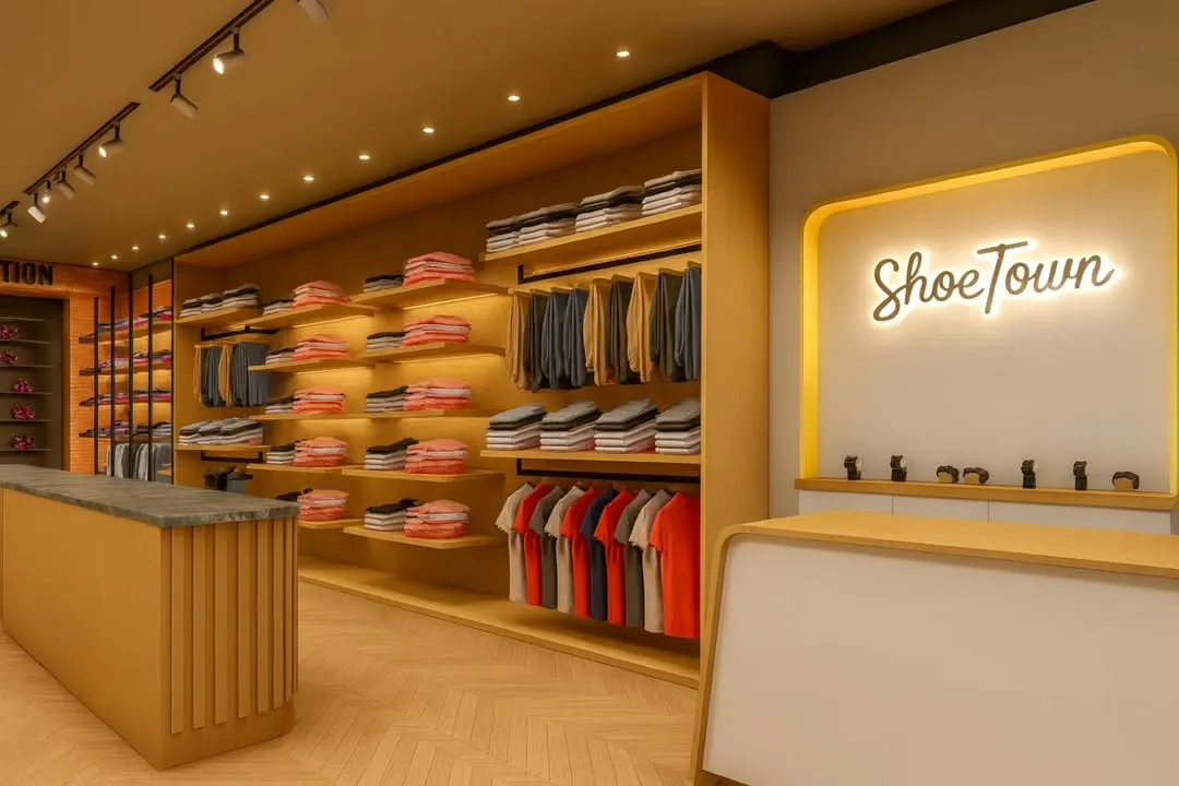 Here is a 3D concept for the Shoetown garment store in Rewari. I focused on creating a bright, inviting atmosphere with warm wood tones and strategic backlighting to highlight the apparel and draw customers in.