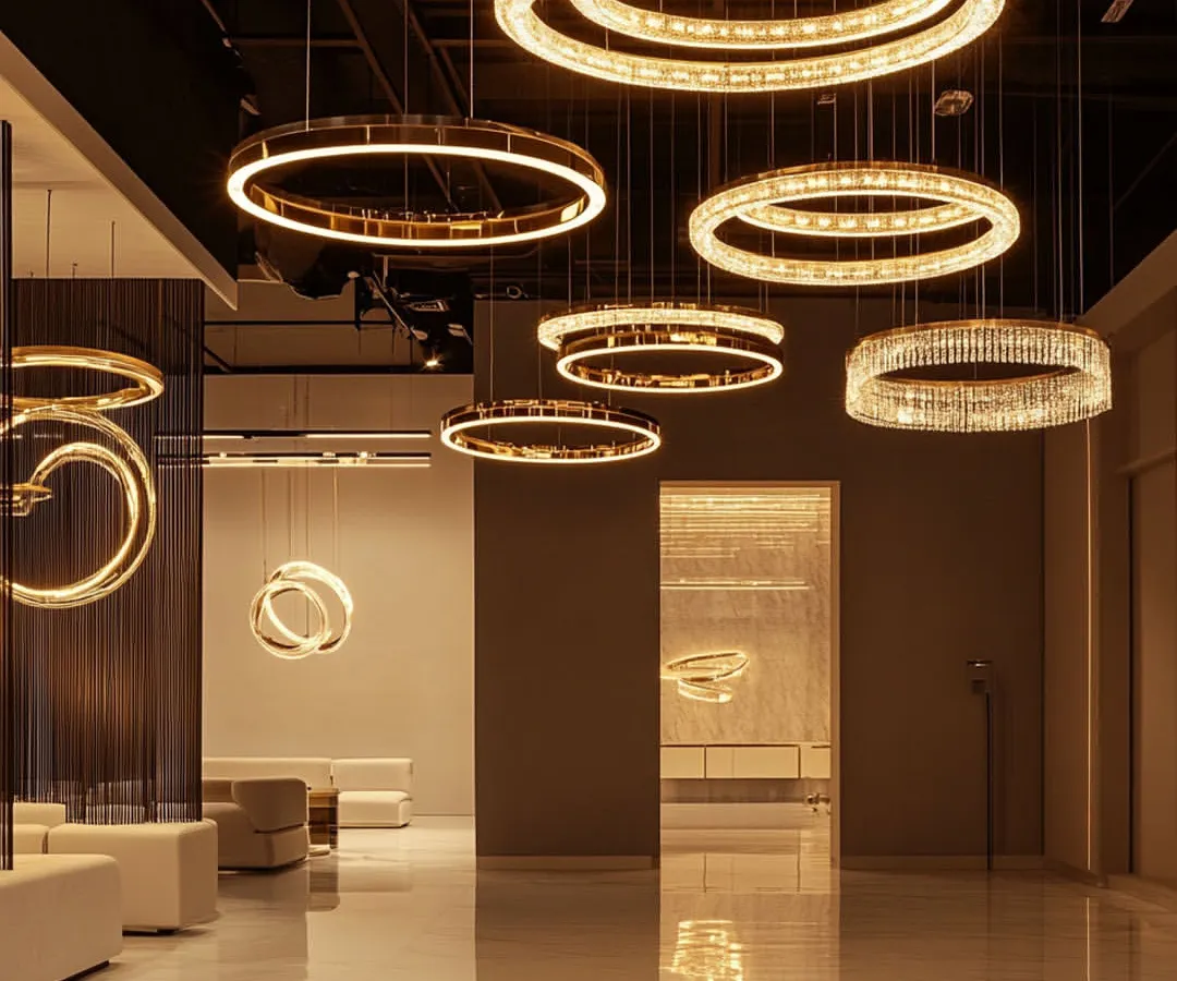 In this expansive commercial space, I used a series of modern ring chandeliers to create a sense of grandeur and cohesion. The layered design provides ample ambient light while acting as a stunning architectural feature, demonstrating how lighting can define a large area.
