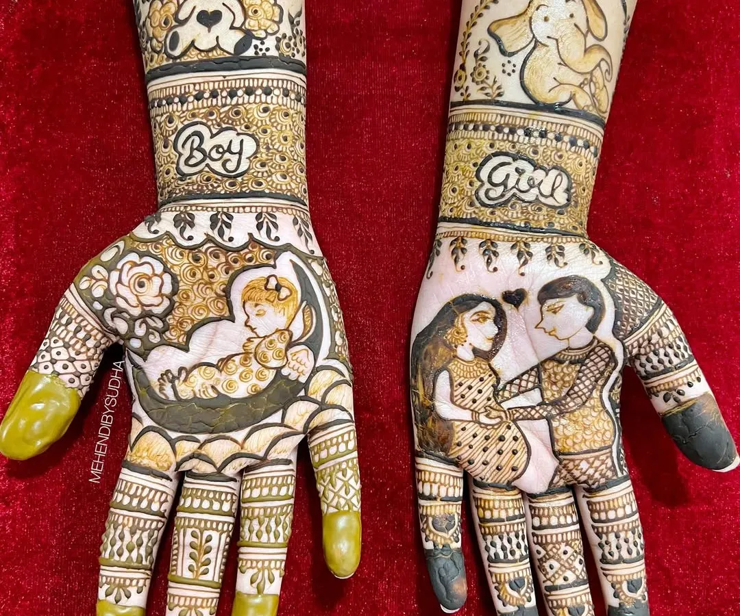 I love creating personalized mehendi for baby showers. This design features adorable motifs like a baby sleeping on the moon, a couple portrait, teddy bears, and playful "Boy" or "Girl" text, making it a unique celebration for the mom-to-be.