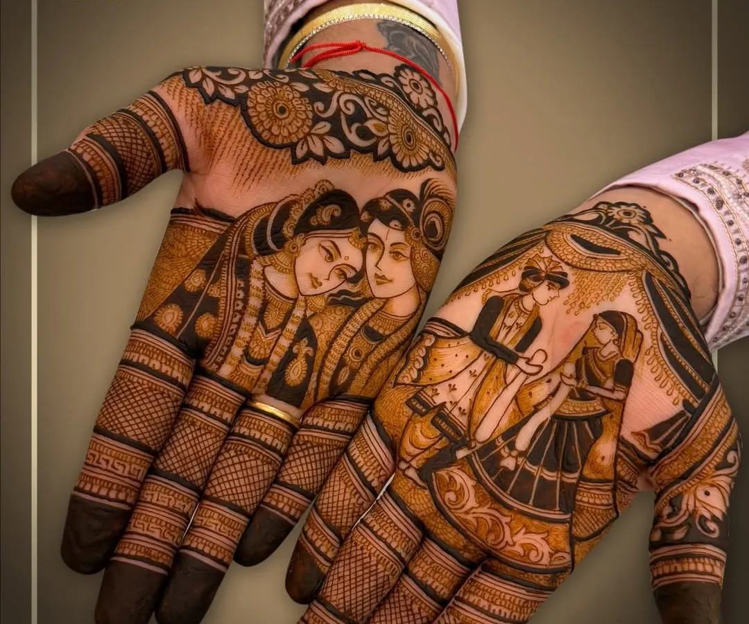 Groom mehndi deserves to be just as detailed. This design features a portrait of Radha and Krishna on one palm and a beautiful varmala ceremony on the other, showcasing our skill in creating narrative henna art for grooms.