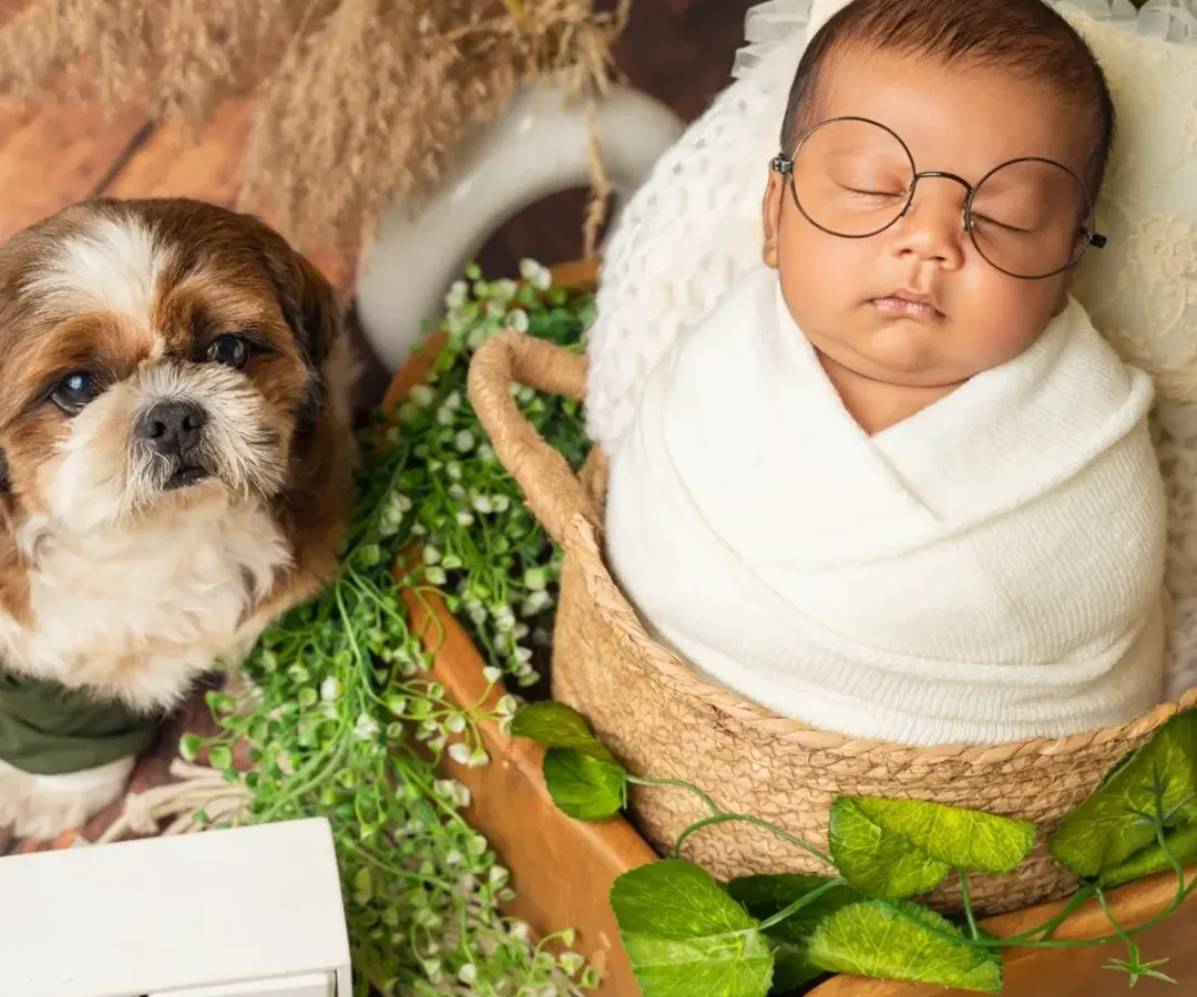 Your baby's first best friend often has four paws. We welcome pets into our studio because they are part of the family, and this bond is too precious not to capture.