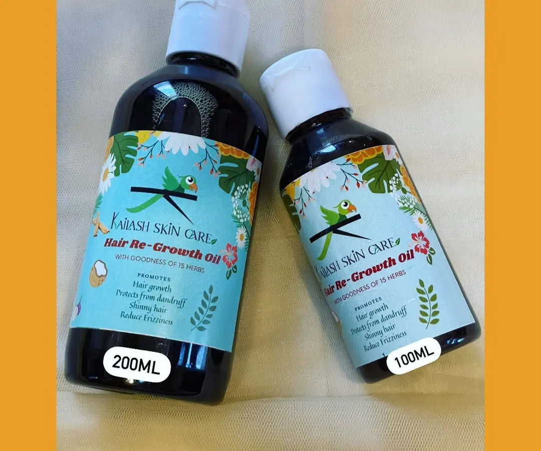 Meet my all time bestseller, the Hair Re-Growth Oil. I make this using a traditional recipe with more than 15 potent herbs to help reduce hair fall, fight dandruff, and promote new growth. It's available in both 100ml and 200ml bottles.