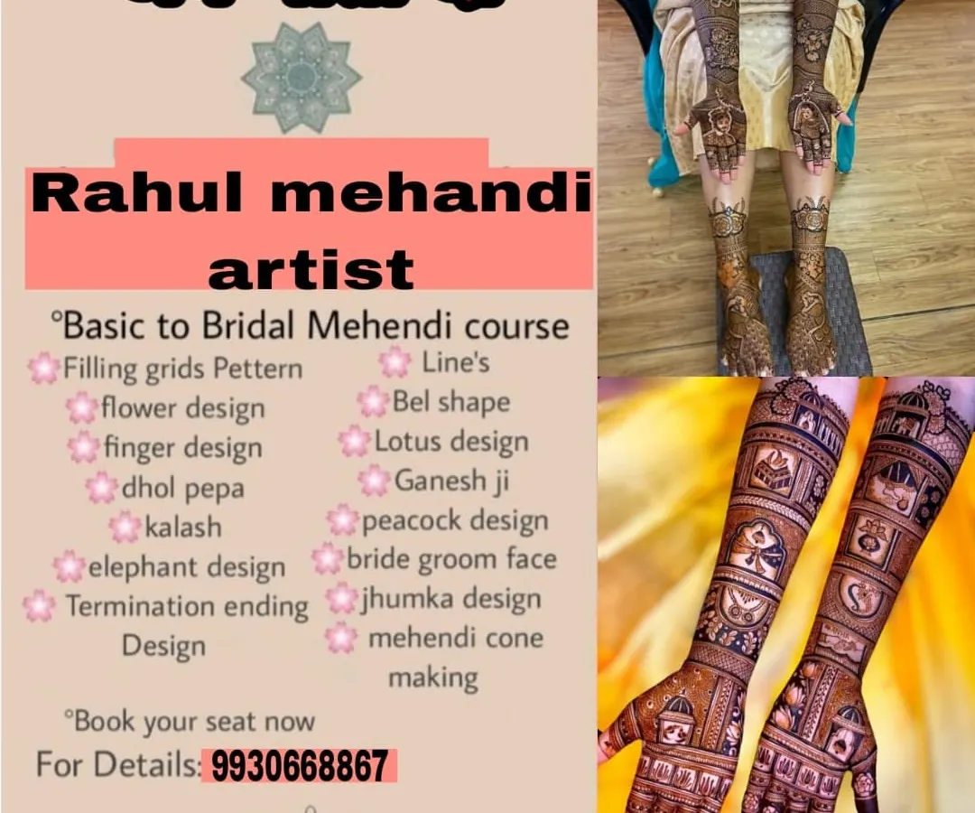 My 'Basic to Bridal Mehendi' course covers everything you need to know. This chart shows the full curriculum, from fundamental skills like line work and filling patterns to advanced techniques like creating bride-groom faces and making your own cones.