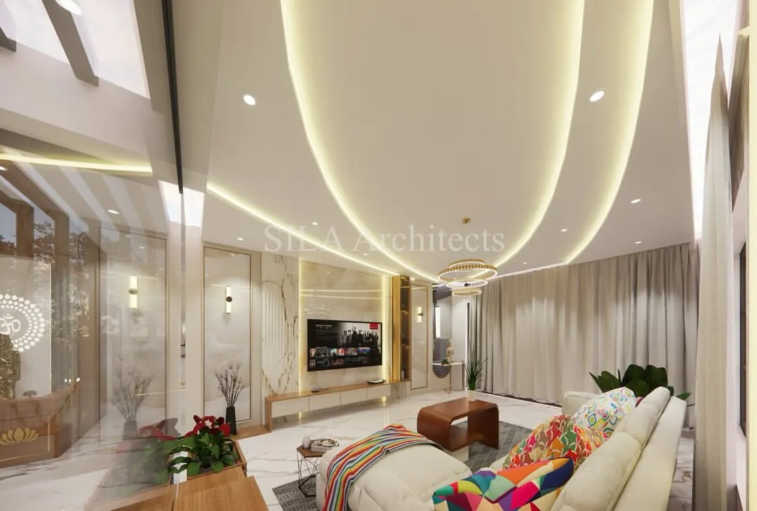 We design living spaces that are both luxurious and livable. This 3D rendering shows a spacious living room with high ceilings, elegant lighting, and a seamless flow into the dining and kitchen areas, creating an atmosphere of open, modern comfort.