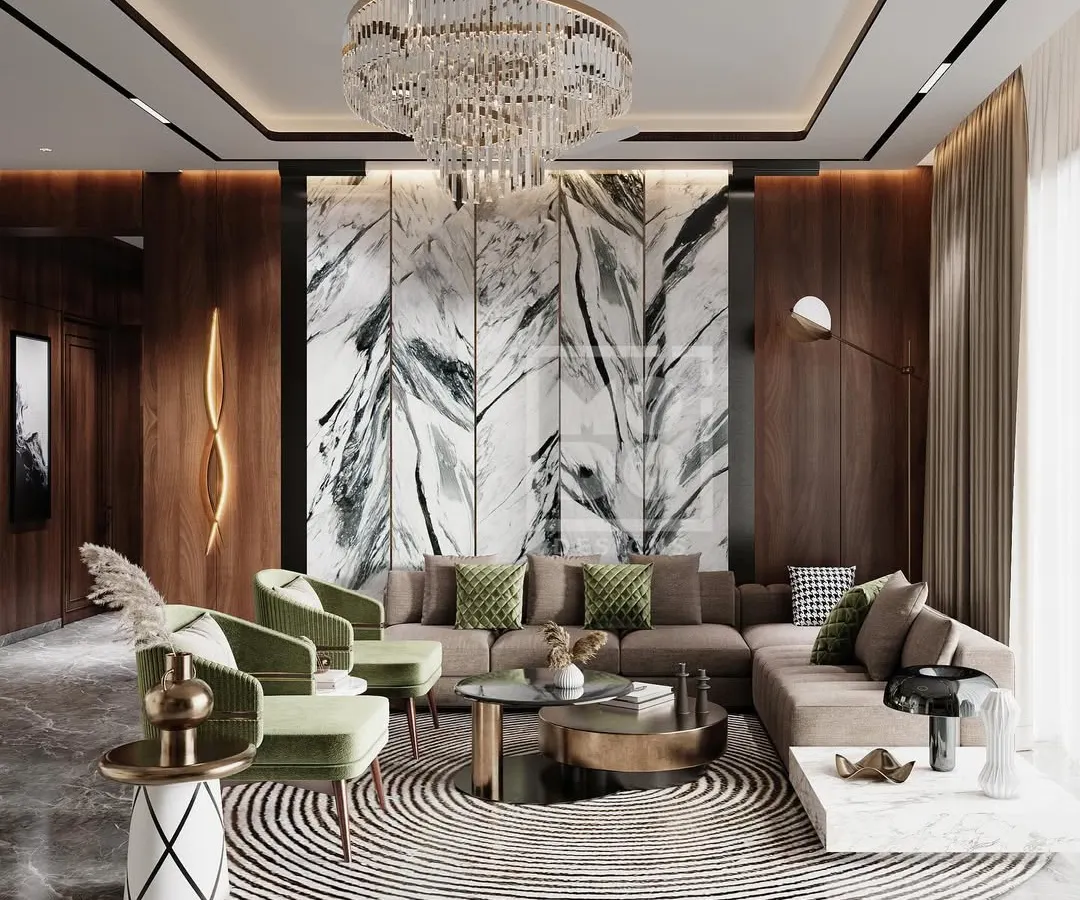 This living room is a symphony of sophistication. We brought together a touch of green serenity, a marble accent wall that whispers style, and warm wooden accents to create a haven of refined living.