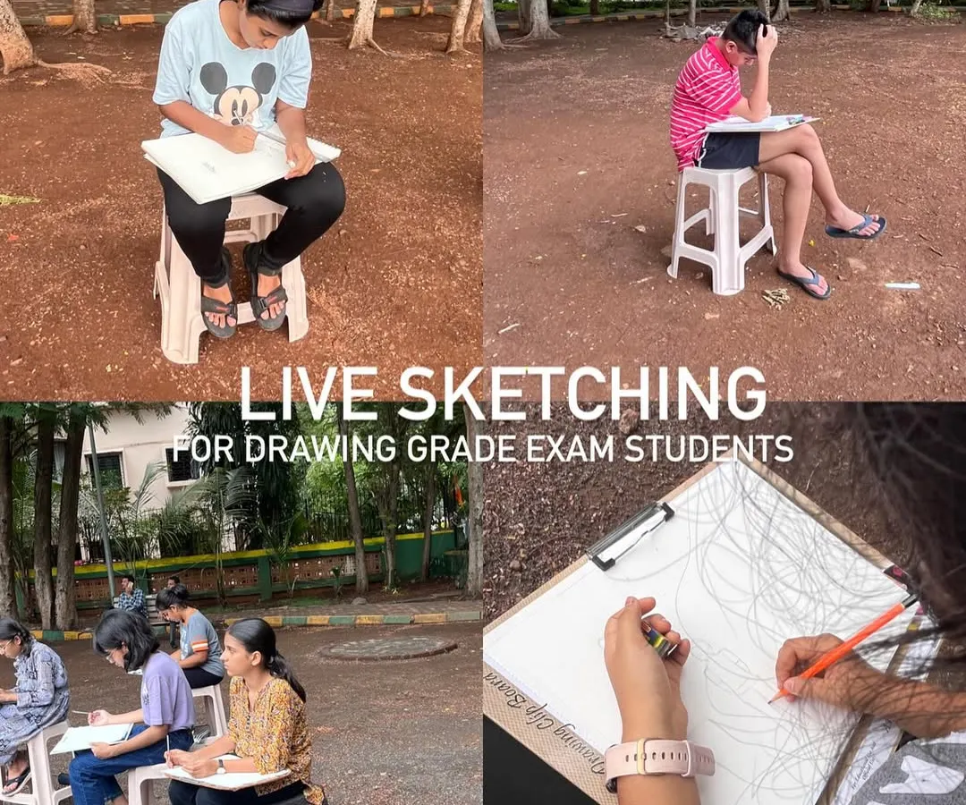 A key part of the exam syllabus is live sketching. We take our students outdoors to practice capturing human figures in motion, helping them build confidence and speed for their drawing exams.