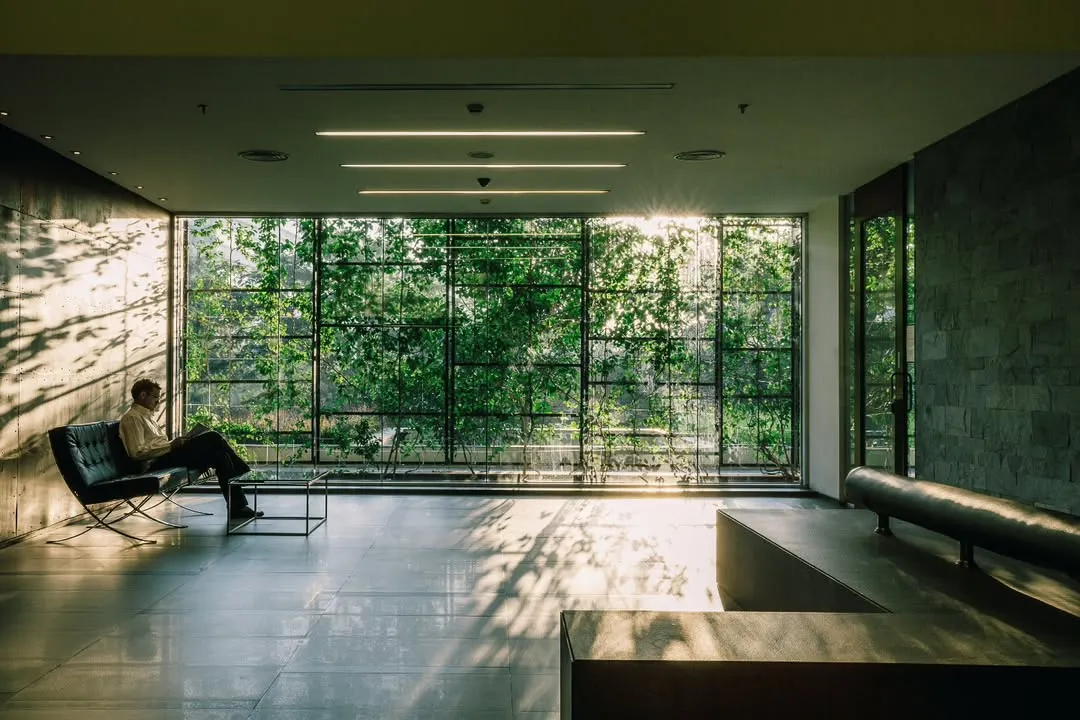 Inside the KMC Headquarters, the green facade becomes a living wall of art. This tranquil view from a lounge area shows how I design workspaces that connect employees with nature, fostering well-being and calm throughout the workday.