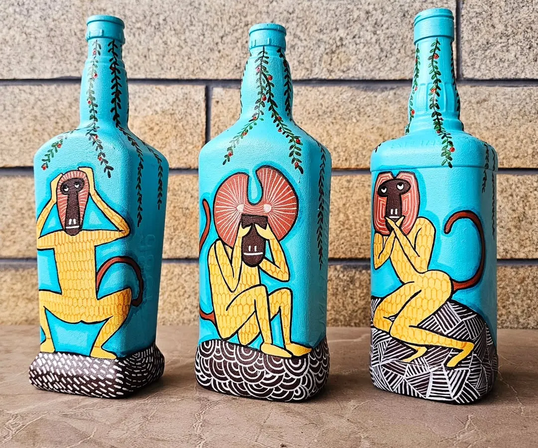 Hear no evil, see no evil, speak no evil. I painted this classic trio of monkeys on a set of upcycled glass bottles, giving them a vibrant and modern twist. They serve as a fun, colorful reminder of a timeless lesson.