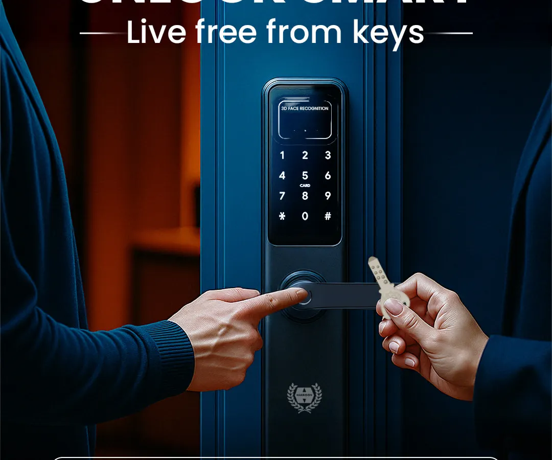Unlock your home the smart way and live free from the hassle of keys. This visual showcases the five convenient access methods our digital locks offer: fingerprint, passcode, RFID card, mobile app, and a traditional backup key for complete peace of mind.