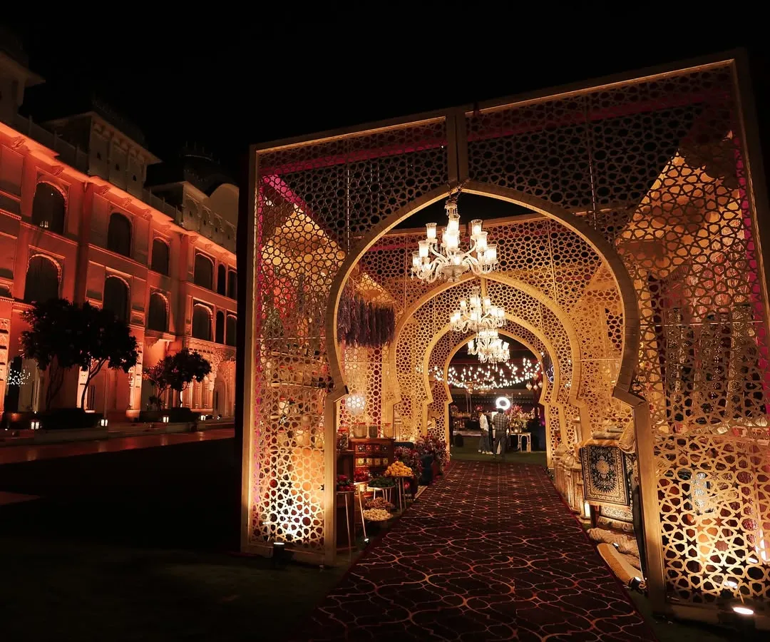 I love transforming spaces to tell a new story. For this Sufi Sangeet, we created an immersive Moroccan bazaar, with a grand arched passageway that transported guests to the souks of Marrakech, glowing under the Jaipur night sky.