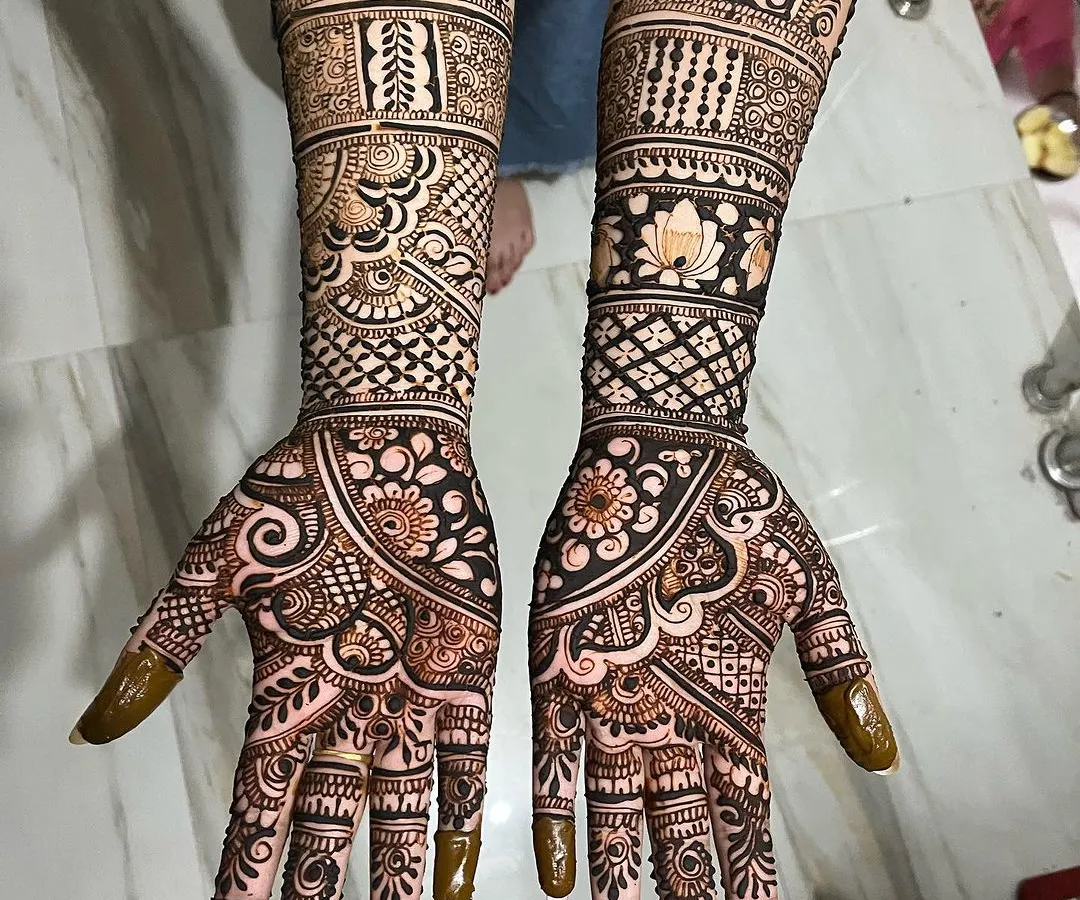 This is an example of my intricate, full-coverage bridal art. Notice the clean lines in the jaal (net) patterns, the delicate shading in the lotus flowers, and the symmetrical bands that create a rich, traditional look.