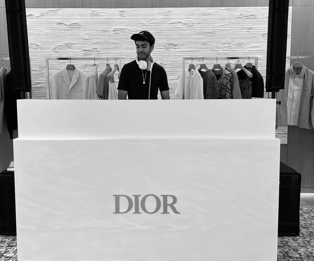Spinning for the Dior store launch in Bombay. I love working with high-fashion brands to create the perfect sonic atmosphere that complements their aesthetic. This black and white shot captures the clean, luxe vibe of the event.