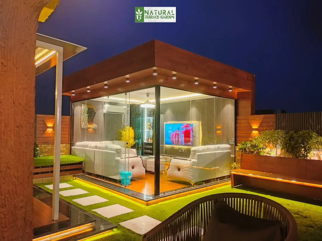 Our all-weather glass house, designed as a seamless extension of the home. This fully enclosed, air-conditioned space allows for year-round enjoyment of the terrace, featuring modern interiors and floor-to-ceiling glass for unobstructed views.
