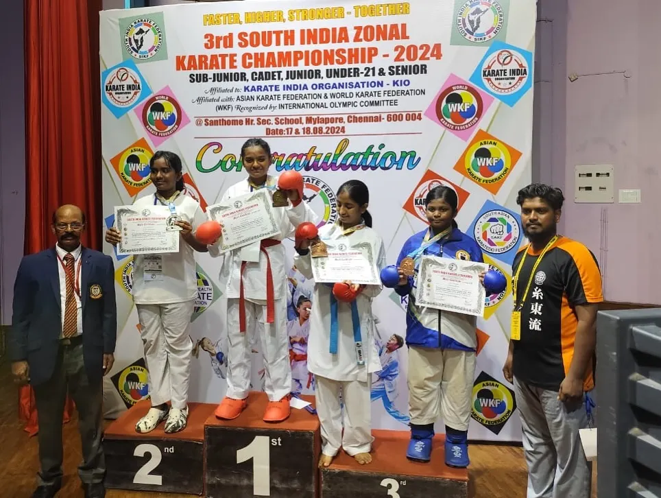 We build champions. Here is my student, Shikha, proudly taking the top spot on the podium with her Gold medal at the South India Zonal Karate Championship.