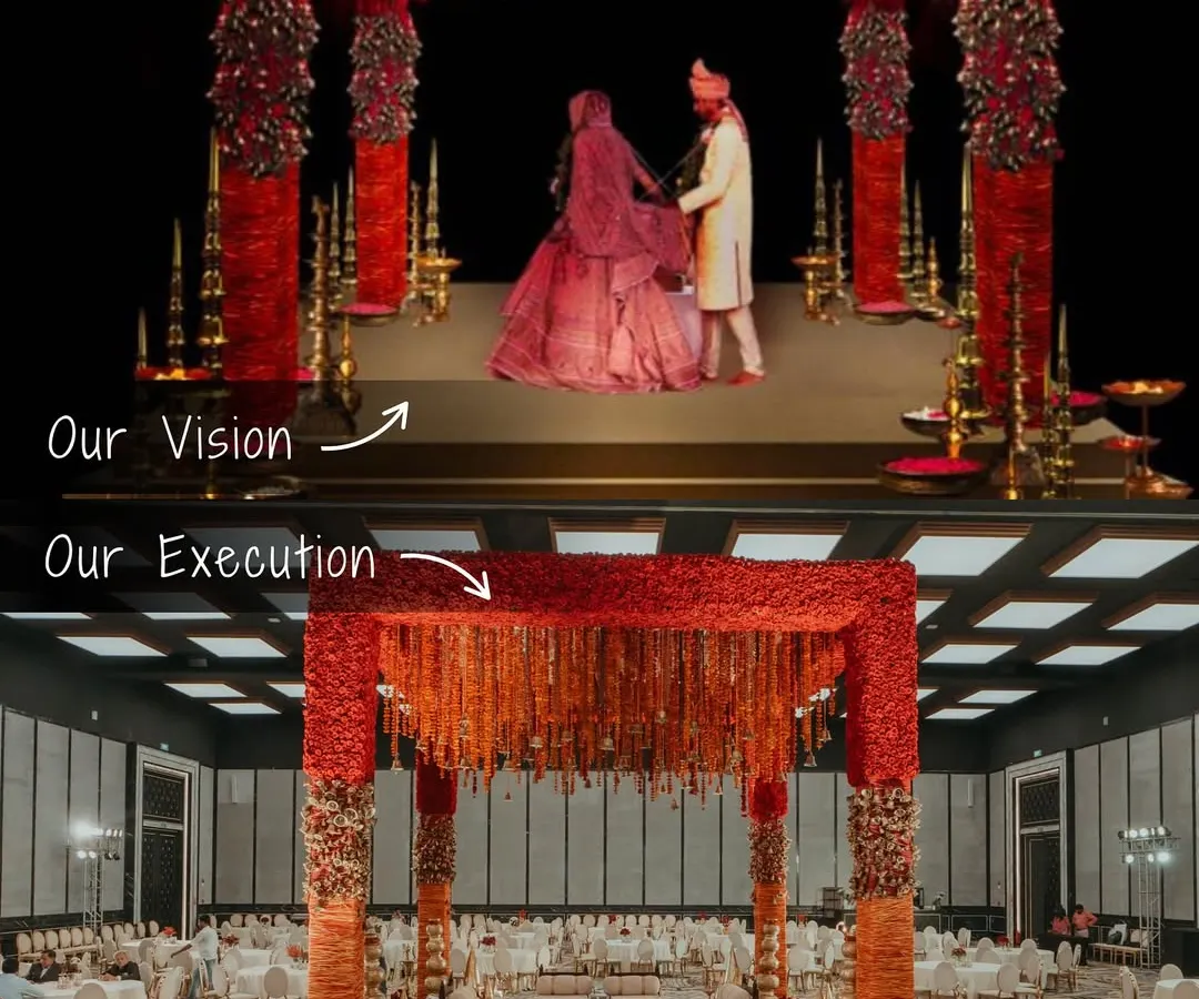 From a detailed 3D render to a breathtaking reality. This image showcases our commitment to bringing your vision to life, demonstrating how we translate a design concept into a grand, fully-realized wedding mandap, ensuring every element is executed to perfection.