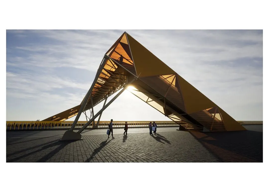 Our design for this pedestrian footbridge is a sculptural urban intervention. The form is a direct response to structural and performative requirements, creating a piece of functional art that enhances the public streetscape.