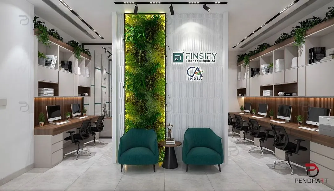 A conceptual render for a modern CA firm, designed to break away from dull office themes. We introduced a central green wall and a vibrant, quirky color palette to create an energetic and welcoming workspace.