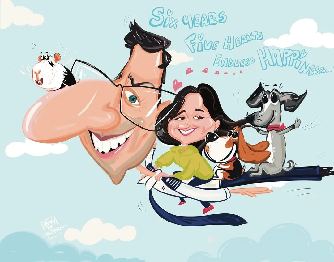 A magical family portrait created for an anniversary, featuring the couple, their two dogs, and a guinea pig flying through the clouds. I love bringing the whole family, pets included, into one fun-filled, imaginative illustration.