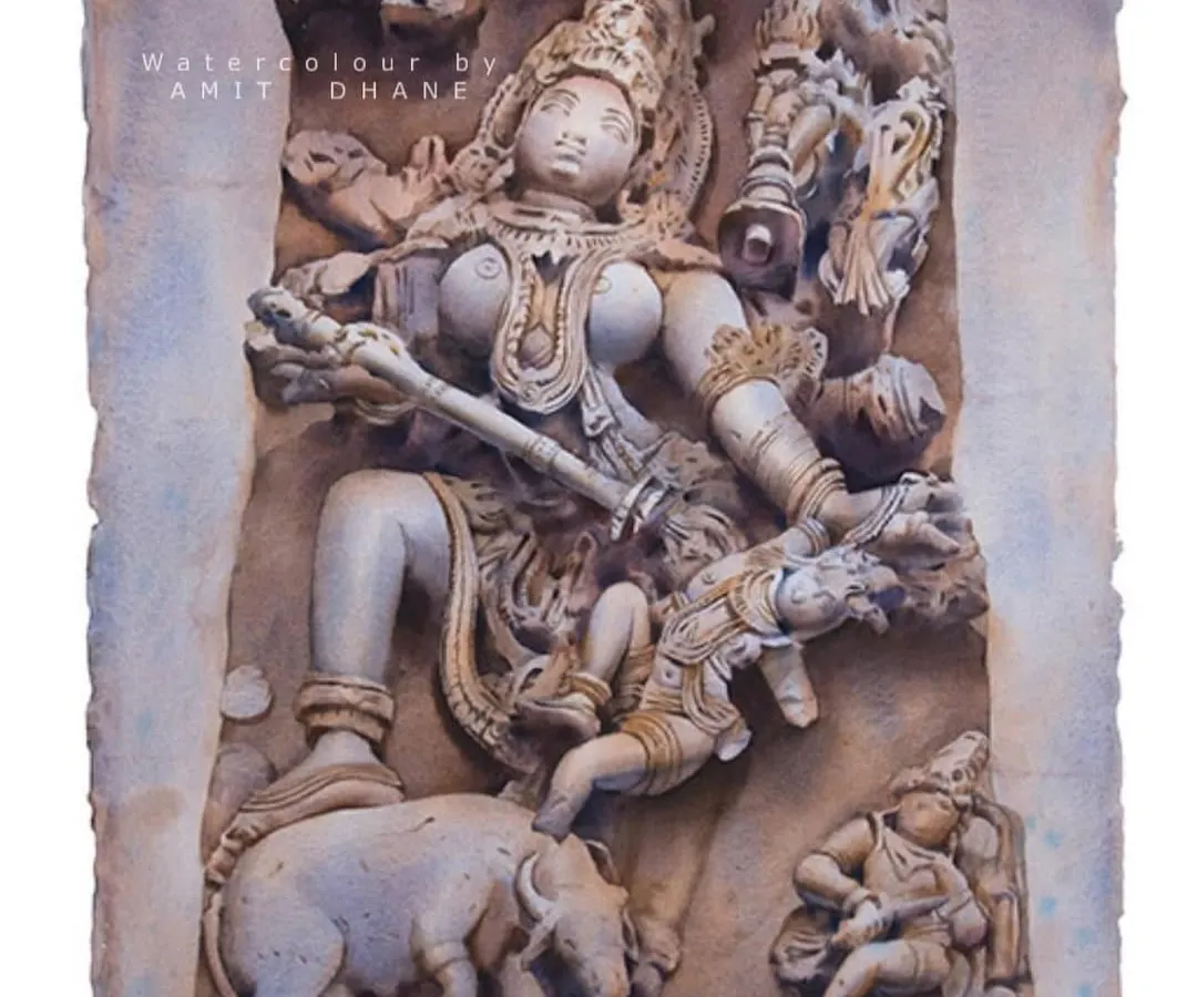 This is a watercolour painting from my signature stone series, depicting "Mahishasur Mardini". I am deeply inspired by the ancient sculptures at places like Ellora, and with this series, I try to capture that timeless, carved-in-stone feeling on paper.