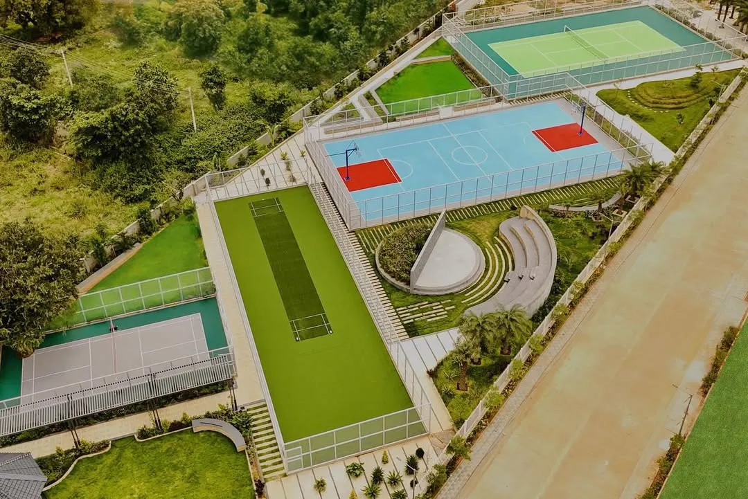 We design vibrant, multi-functional sports zones that are seamlessly integrated into the landscape. This completed project at Serene Exotica features a cricket pitch, basketball court, and tennis court, promoting an active community lifestyle.