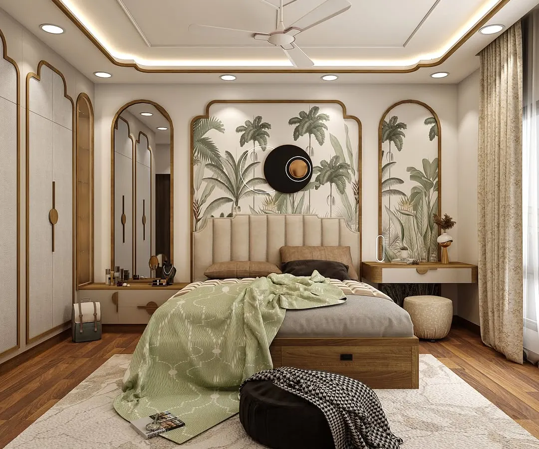 This master bedroom is a perfect example of modern luxury meeting heritage. The arched panels and tropical wallpaper create a serene escape that feels both sophisticated and deeply personal.