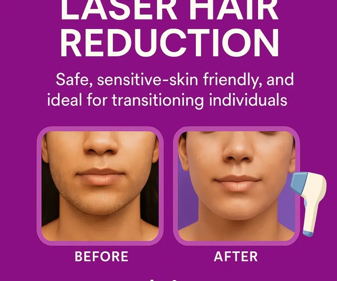 For many in our community, unwanted facial or body hair can be a source of dysphoria. This before and after image shows the real impact of our laser hair reduction treatment. We use technology that is safe and effective for transitioning individuals, helping you feel more aligned with your true self.