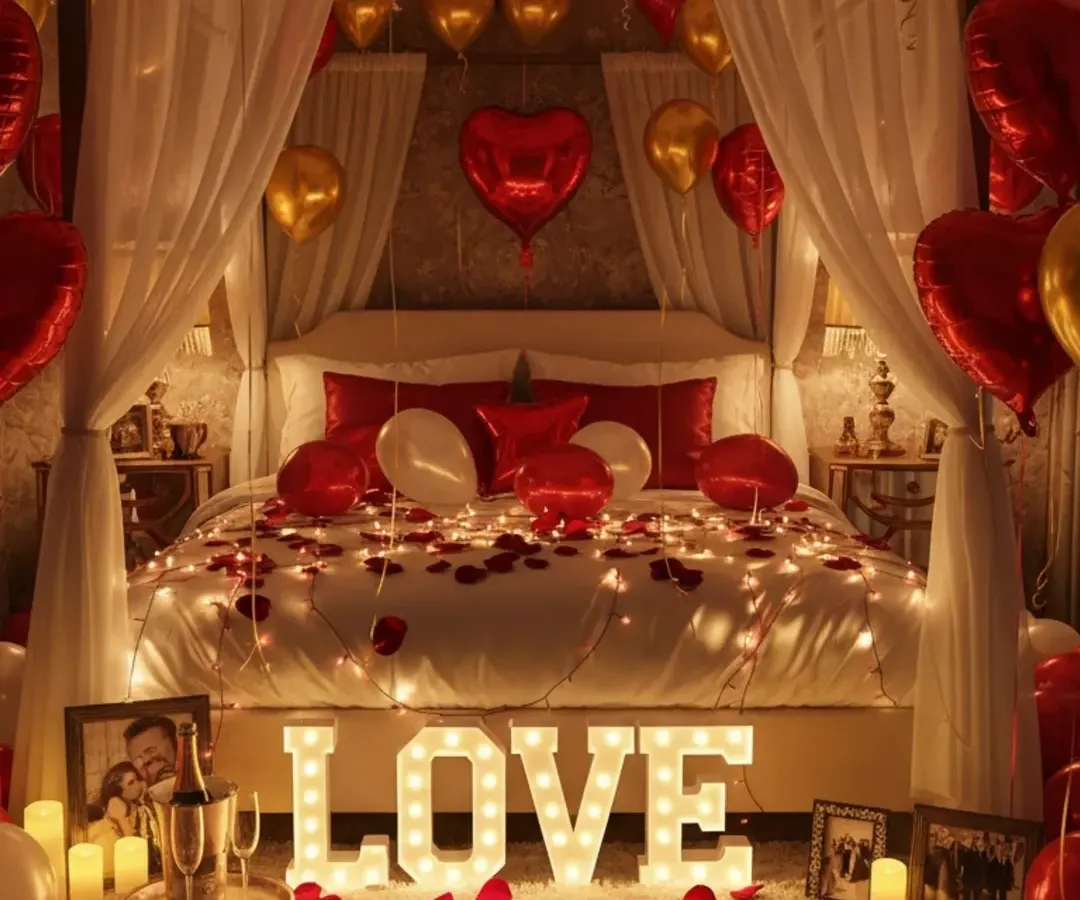 For a truly memorable anniversary or romantic surprise, I can transform a room into a private getaway. This setup features a canopy bed, hundreds of balloons, scattered rose petals, and glowing "LOVE" marquee letters.