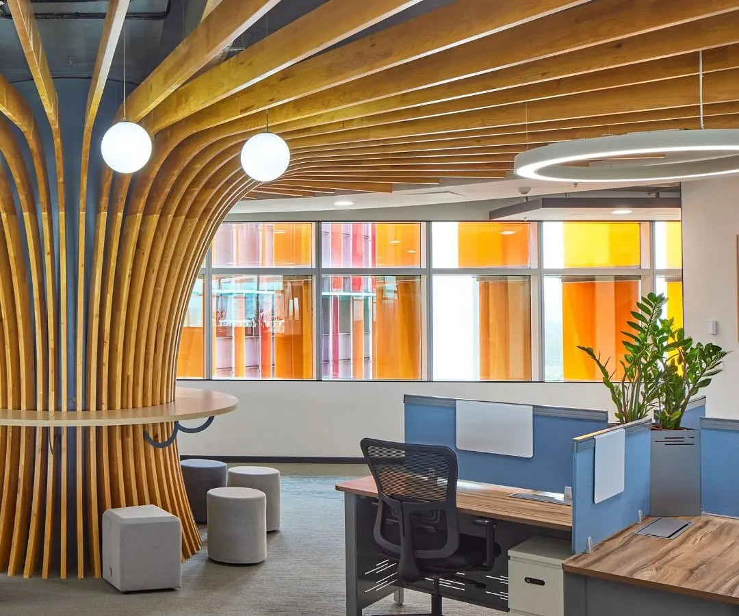 For the Infosys Campus in Nagpur, I designed collaborative zones that are both inspiring and functional. This tree-like structure is a central feature, providing an informal meeting spot while enhancing the biophilic quality of the workspace, connecting employees with natural forms and materials.