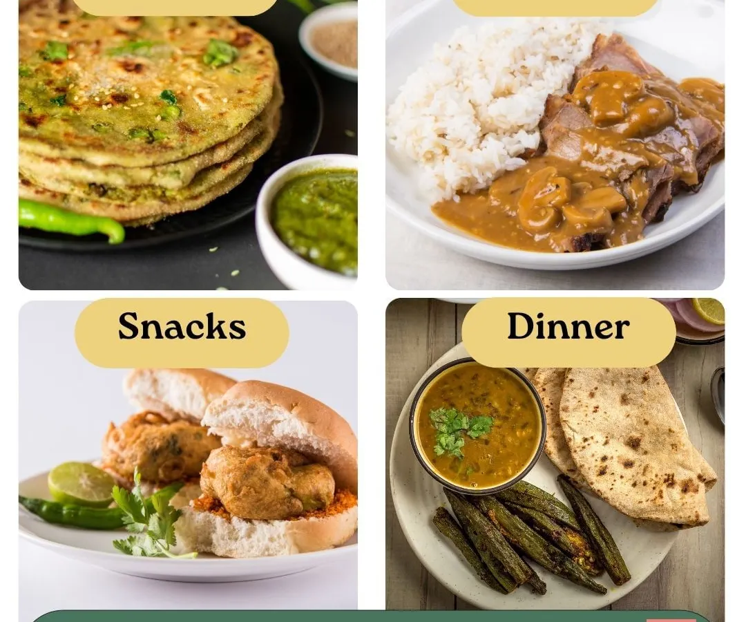 We have your entire day covered with our home-style meal delivery service. This collage shows the variety we offer, from hearty breakfast parathas and balanced lunch thalis to evening snacks and wholesome dinner plates. Every meal is cooked fresh in our home kitchen and delivered to your doorstep in Noida.
