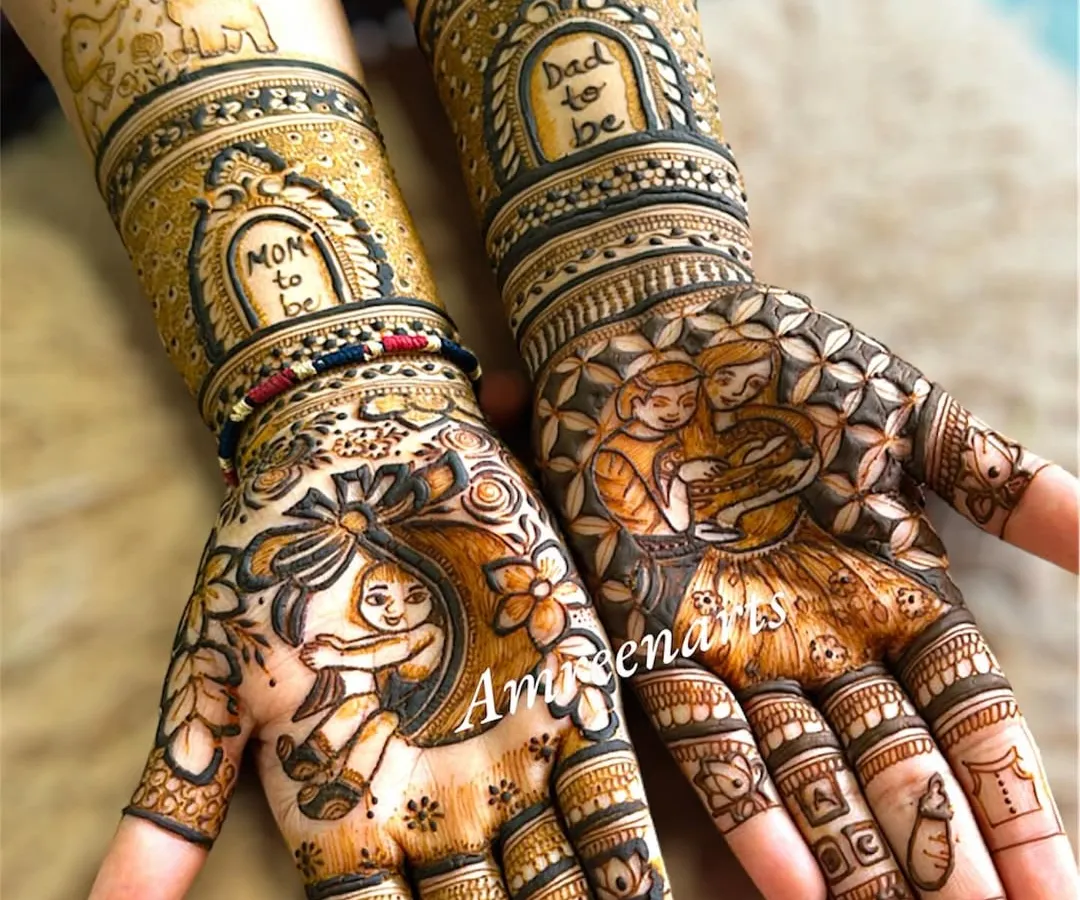 Celebrating the journey to motherhood with a custom baby shower mehandi. This design features adorable "mom-to-be" and "dad-to-be" portraits, surrounded by intricate patterns and baby-themed motifs.